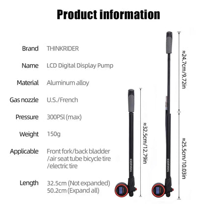 Thinkrider Portable High-Pressure 300Psi Bike Air Pump with Digital Gauge & Rear Suspension Shock Absorber Mountain Bicycle