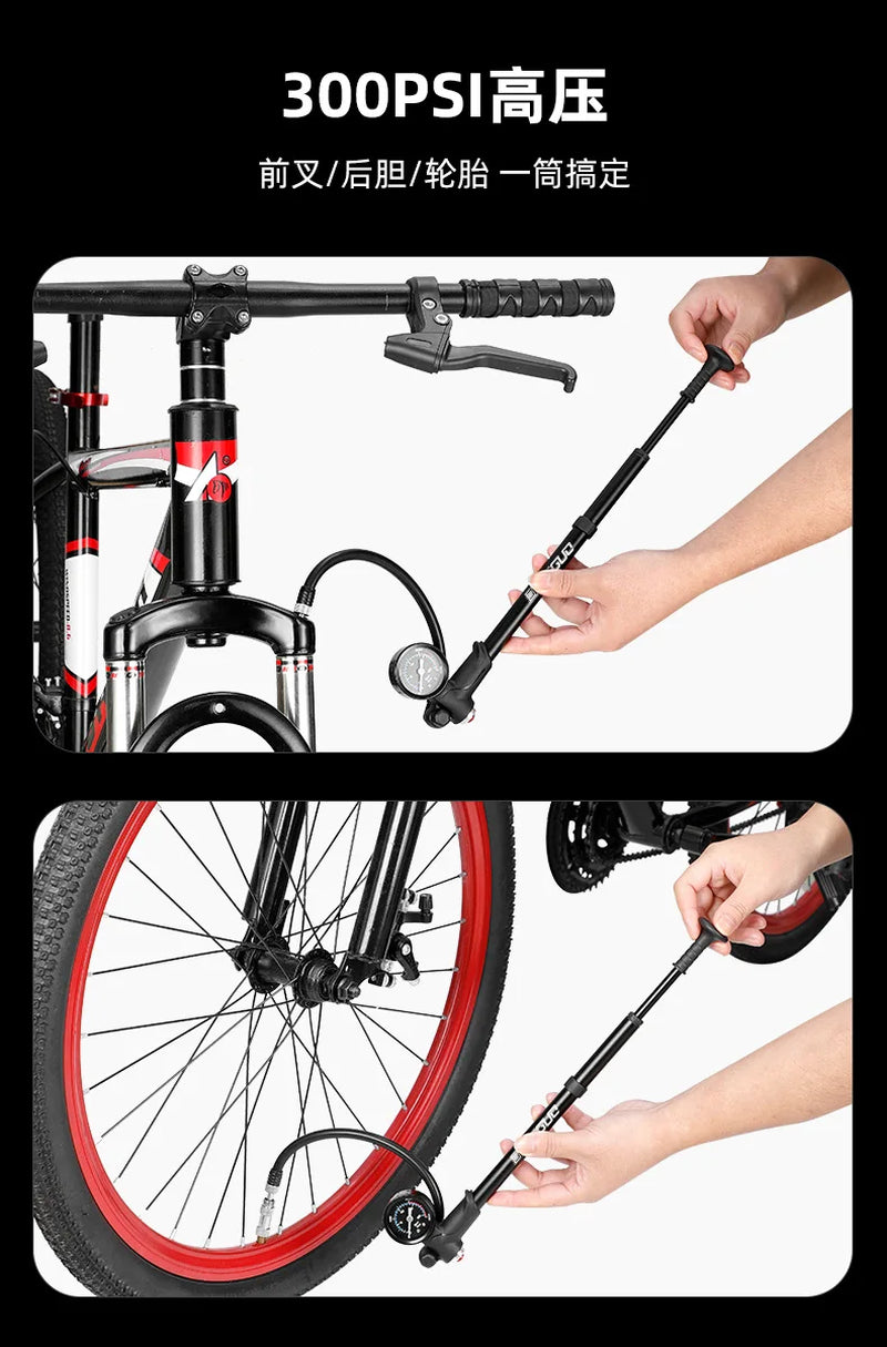 Portable High-Pressure 300Psi Bike Air Pump with Gauge for Fork & Rear Suspension Shock Absorber Mountain Bicycle Universal Pump