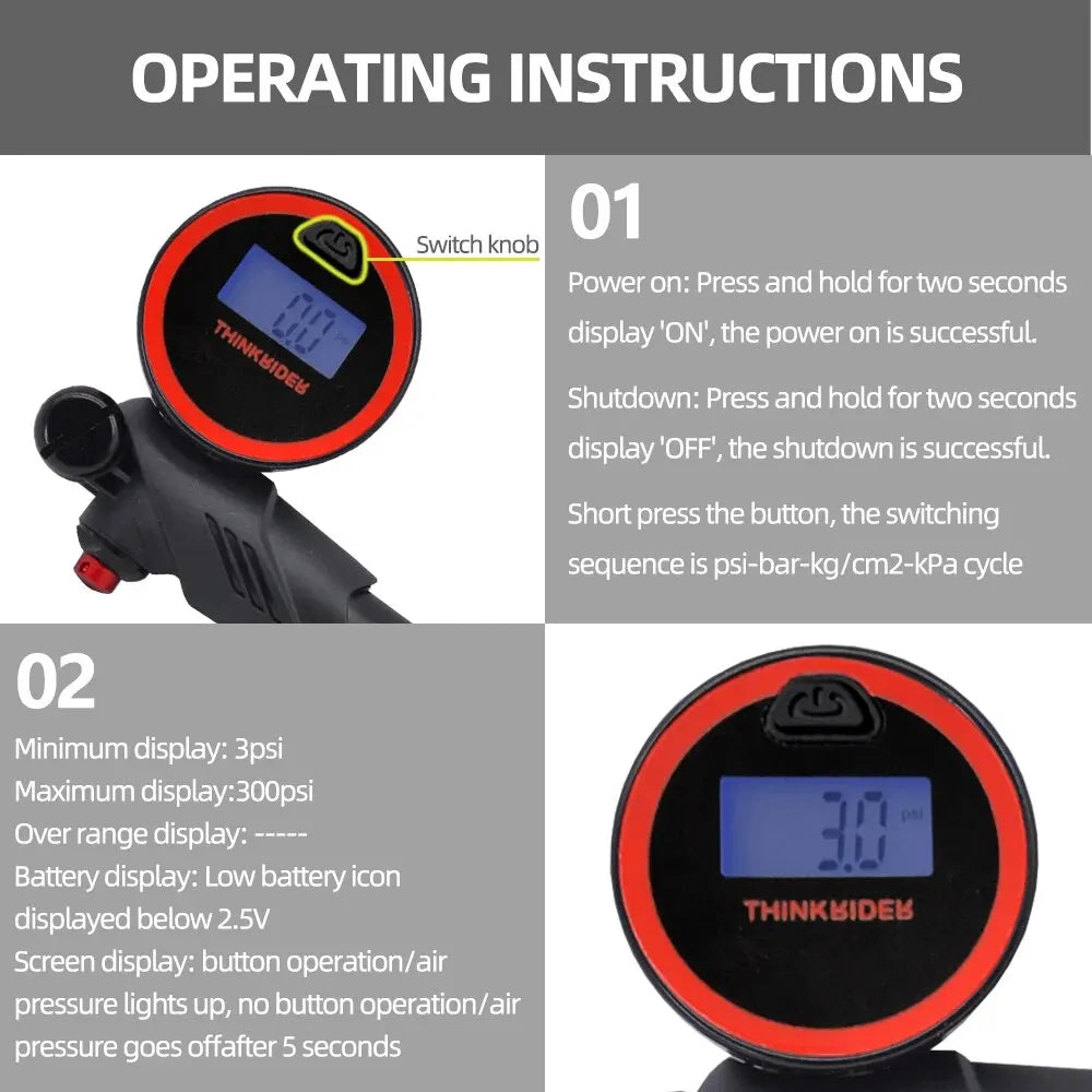 Thinkrider Portable High-Pressure 300Psi Bike Air Pump with Digital Gauge & Rear Suspension Shock Absorber Mountain Bicycle